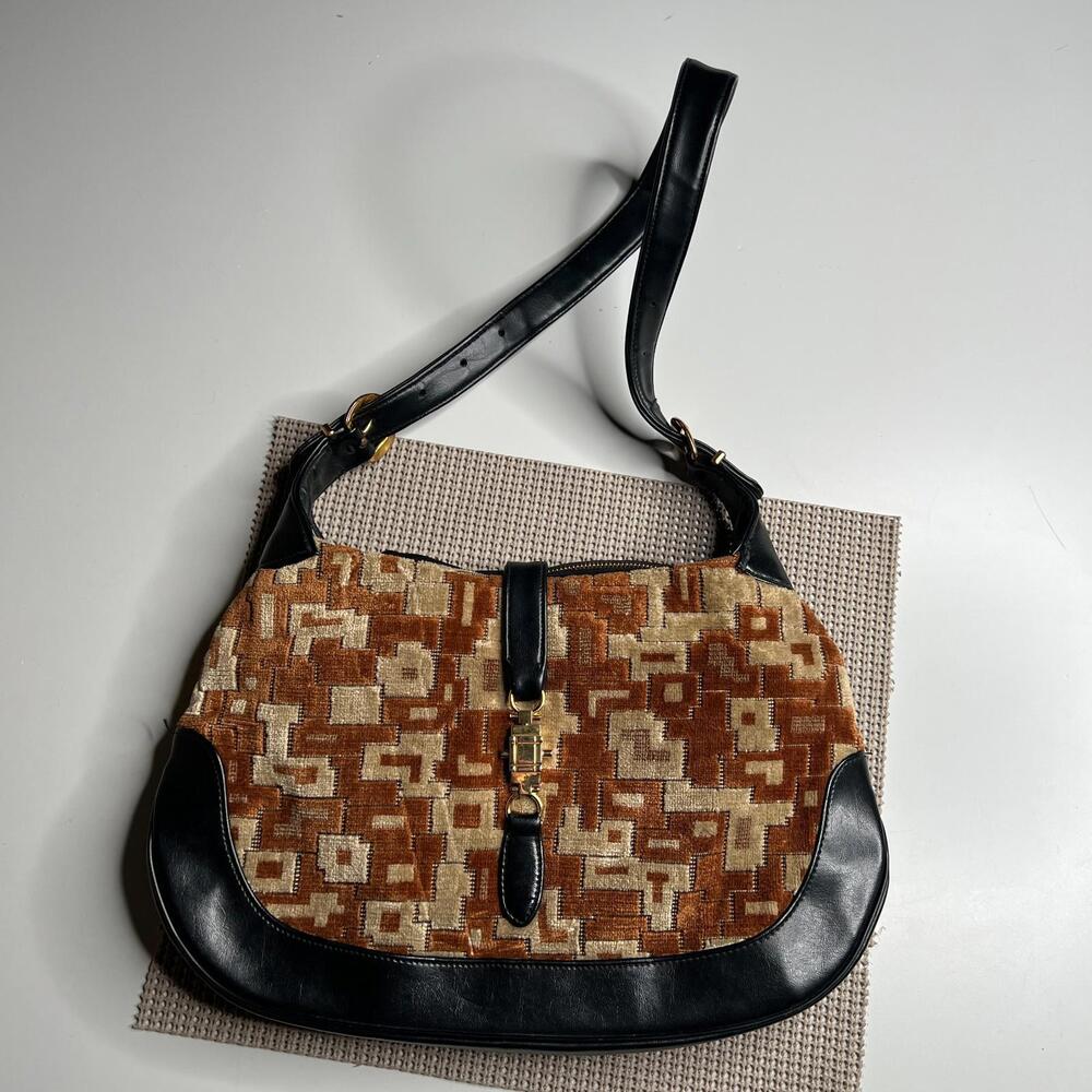 Vintage Tapestry Shoulder Bag Brown Beige Geometric Pattern Leather Trim USA